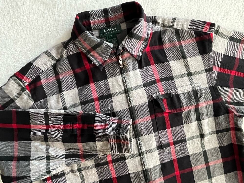 LRL Ralph Lauren Womens Red Black Plaid Flannel Zip Up Shirt Jacket Size Small